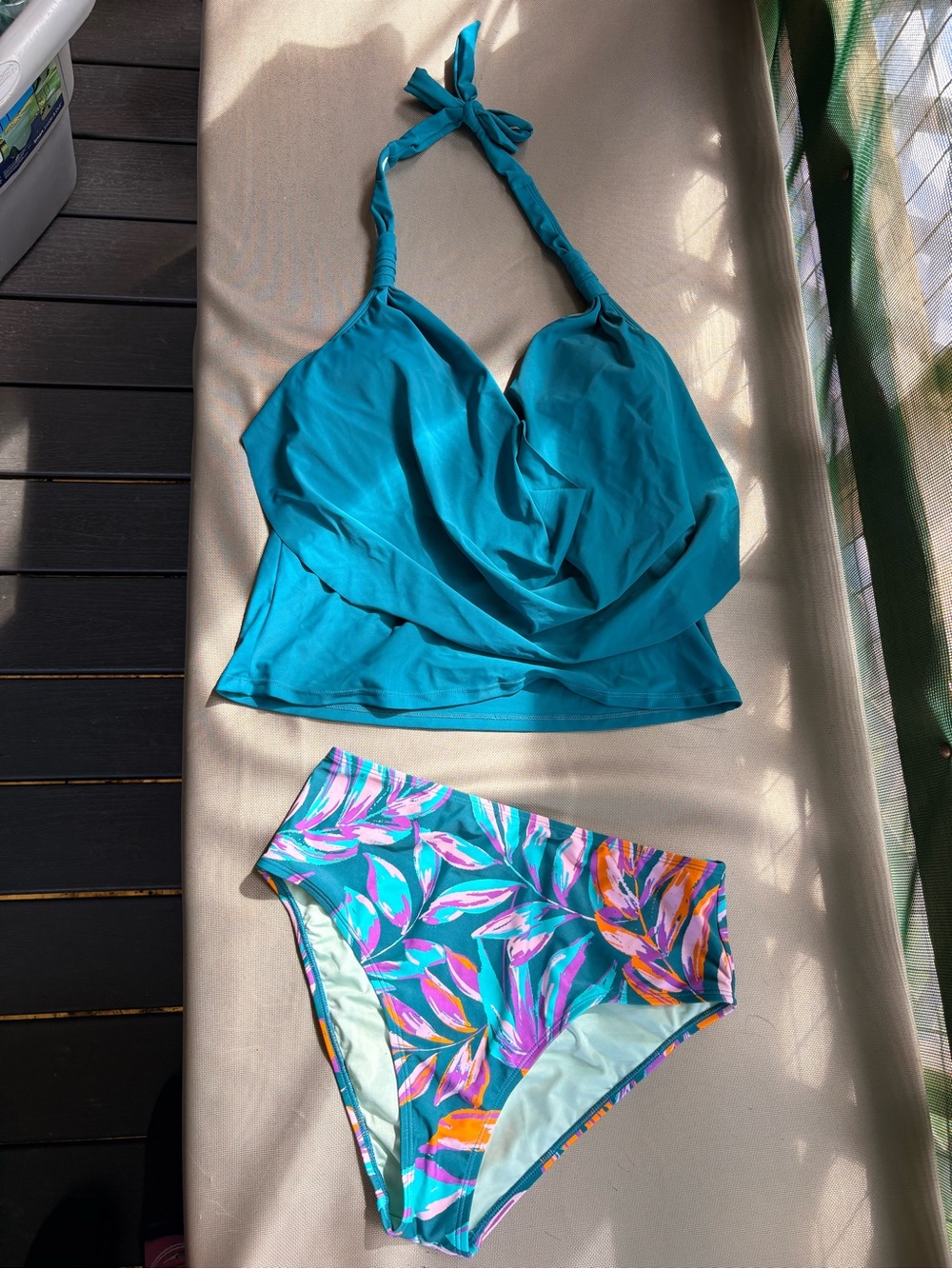 Teal Halter Tankini Top with Teal Floral High-Waist Bottoms